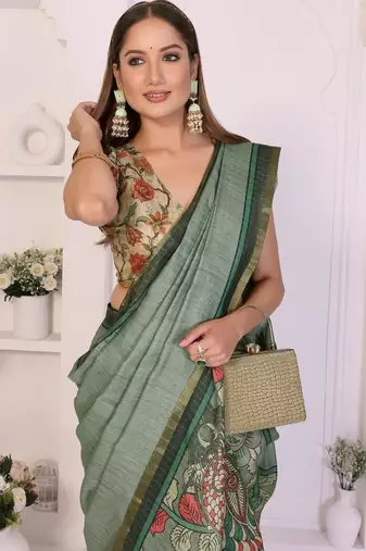 Sea green linen printed saree with blouse