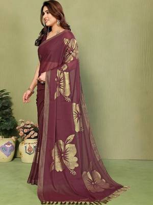 Maroon pure georgette printed saree with blouse 2