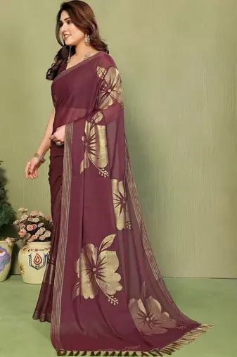 Maroon pure georgette printed saree with blouse
