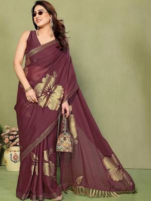 Maroon pure georgette printed saree with blouse 3
