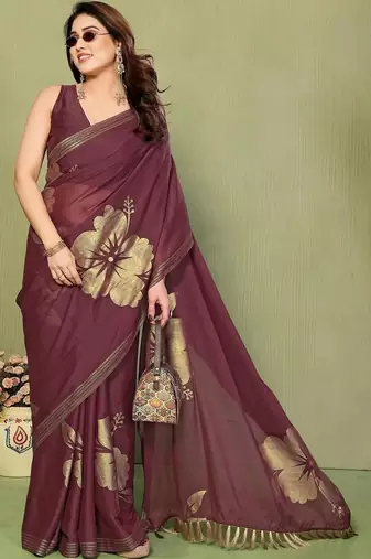 Maroon pure georgette printed saree with blouse
