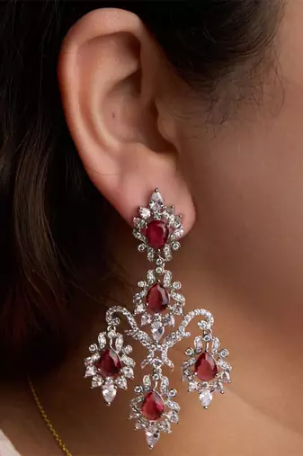 Silver plated ruby red chandelier earrings
