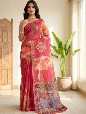 Red linen printed saree with blouse 1