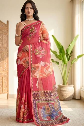 Red linen printed saree with blouse