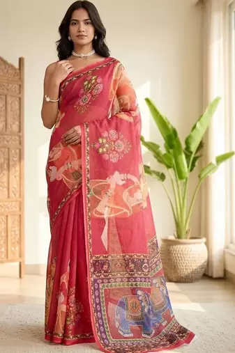 Red linen printed saree with blouse