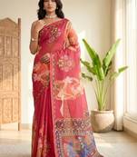 Red linen printed saree with blouse