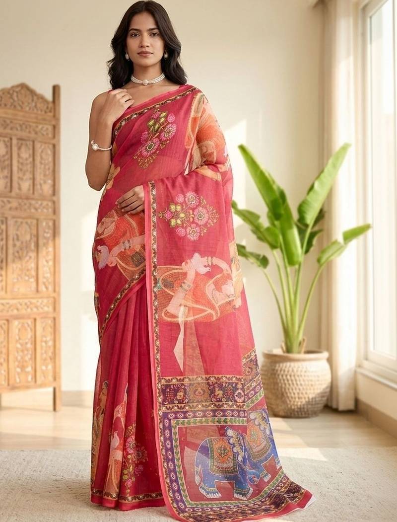 Red linen printed saree with blouse