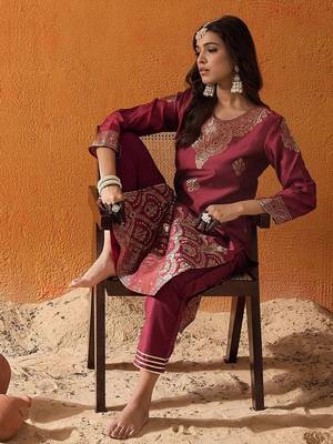 Maroon Floral Woven Design Straight Kurta with Trousers 1