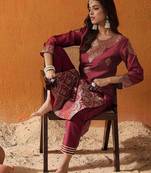Maroon Floral Woven Design Straight Kurta with Trousers