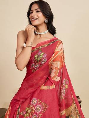 Red linen printed saree with blouse 2