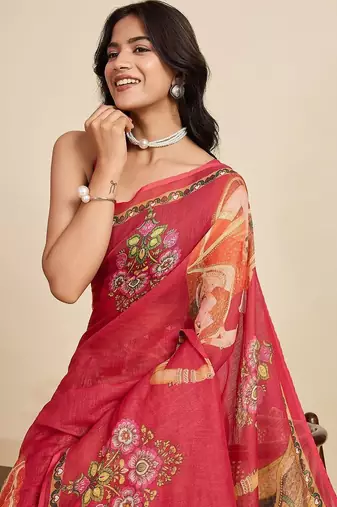 Red linen printed saree with blouse