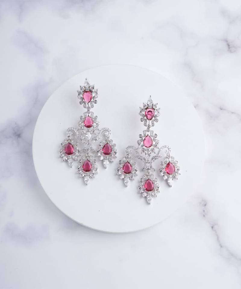 Silver plated ruby red chandelier earrings