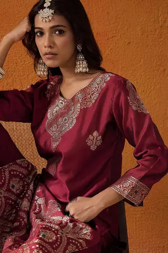 Maroon Floral Woven Design Straight Kurta with Trousers