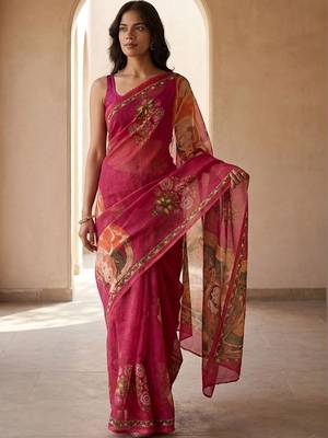 Red linen printed saree with blouse 3