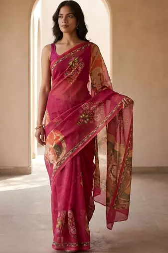 Red linen printed saree with blouse