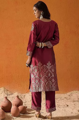 Maroon Floral Woven Design Straight Kurta with Trousers