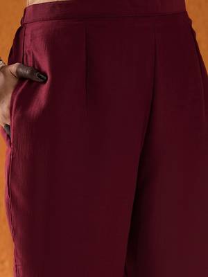 Maroon Floral Woven Design Straight Kurta with Trousers 6