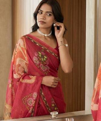 Red linen printed saree with blouse 5