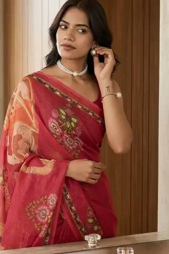 Red linen printed saree with blouse