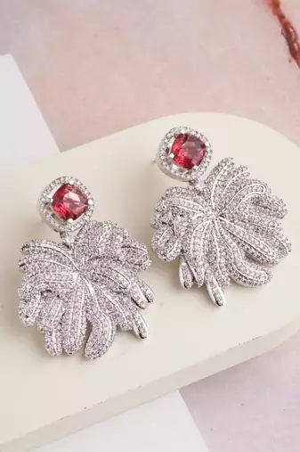 Silver plated ruby red stone drop earrings