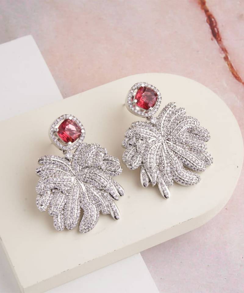 Silver plated ruby red stone drop earrings