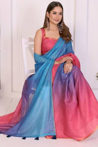 Multicolor linen printed saree with blouse