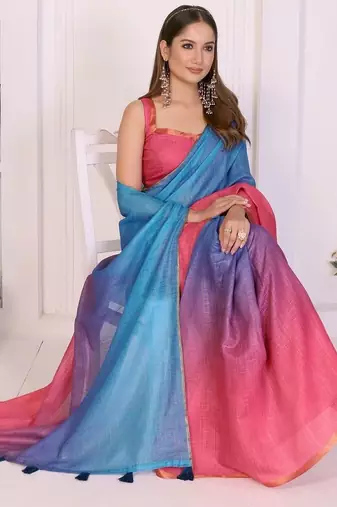 Multicolor linen printed saree with blouse