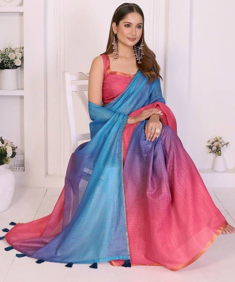 Multicolor linen printed saree with blouse