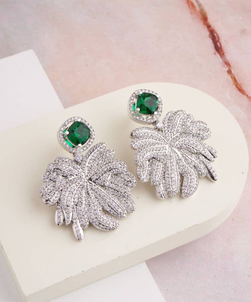 Silver plated emerald green stone drop earrings