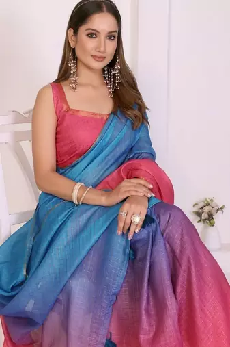 Multicolor linen printed saree with blouse