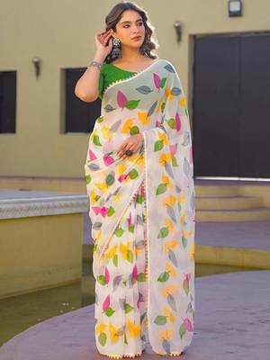 White chiffon printed saree with blouse 1