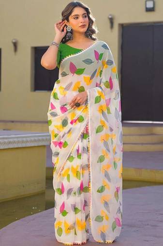 White chiffon printed saree with blouse