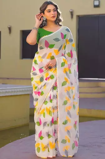 White chiffon printed saree with blouse