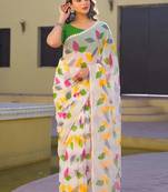 White chiffon printed saree with blouse