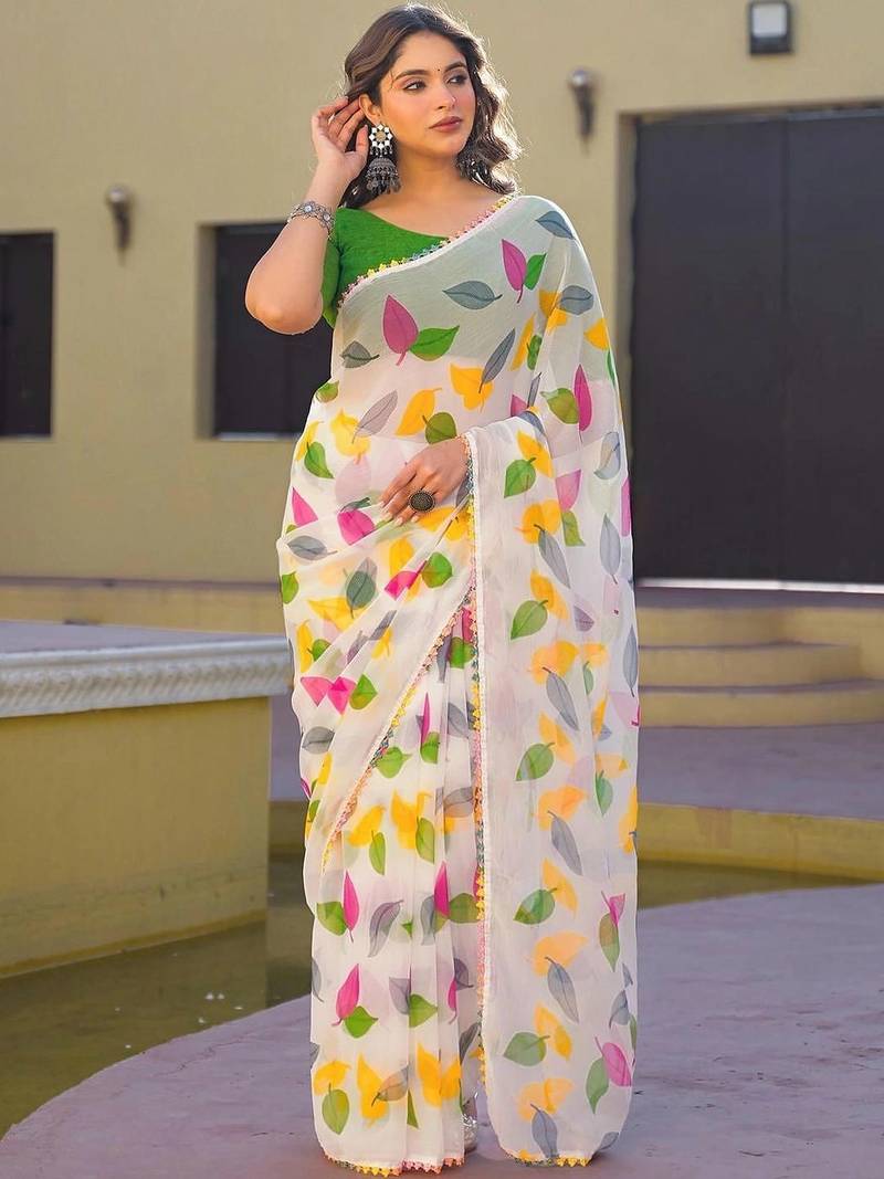 White chiffon printed saree with blouse