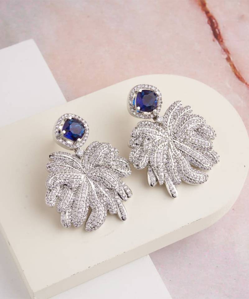 Silver plated navy blue stone drop earrings