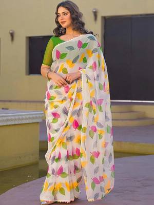 White chiffon printed saree with blouse 2