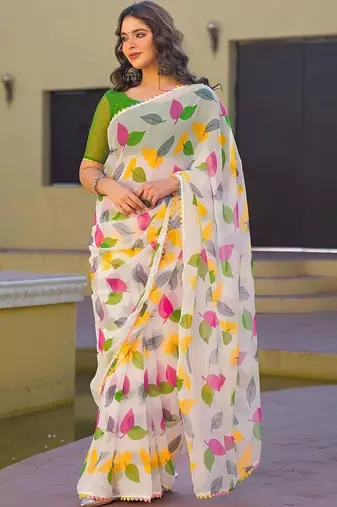 White chiffon printed saree with blouse