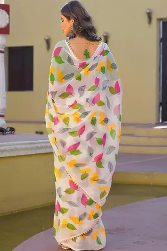 White chiffon printed saree with blouse