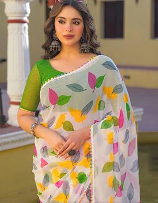 White chiffon printed saree with blouse 4