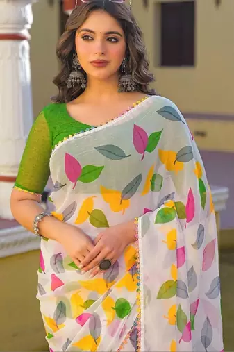 White chiffon printed saree with blouse