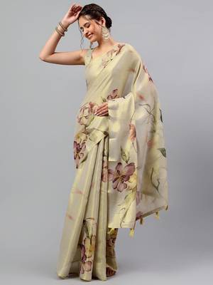 Beige tissue printed saree with blouse 1