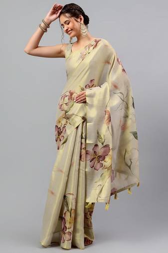 Beige tissue printed saree with blouse