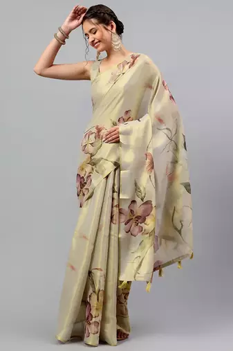 Beige tissue printed saree with blouse