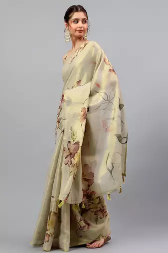 Beige tissue printed saree with blouse