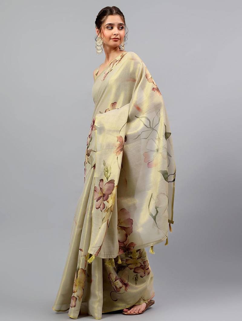 Beige tissue printed saree with blouse
