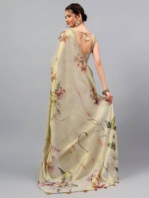 Beige tissue printed saree with blouse 3