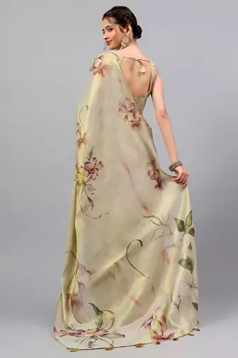 Beige tissue printed saree with blouse