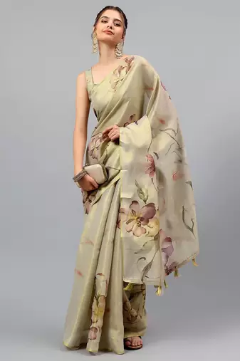 Beige tissue printed saree with blouse