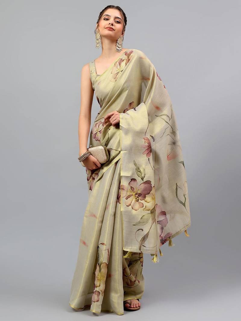 Beige tissue printed saree with blouse